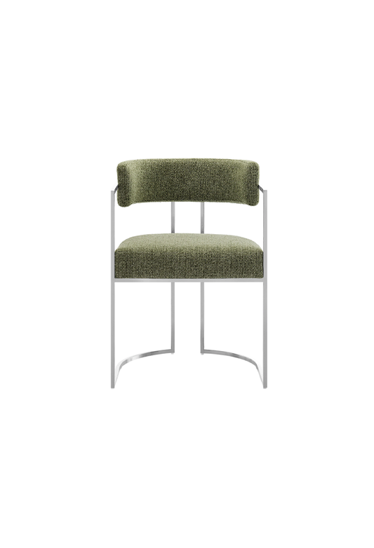 Chaise de salle à manger Ardenza à dossier incurvé en tissu et métal, feuille d'argent