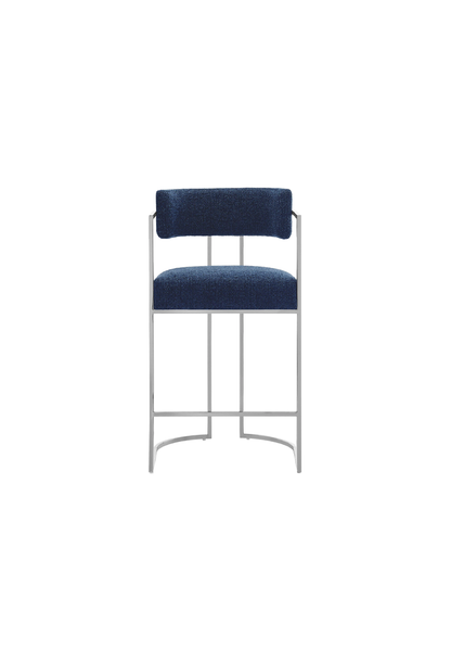 Tabouret de bar Ardenza à dossier incurvé en tissu et métal, bleu marine argenté