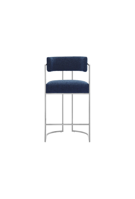 Tabouret de bar Ardenza à dossier incurvé en tissu et métal, bleu marine argenté