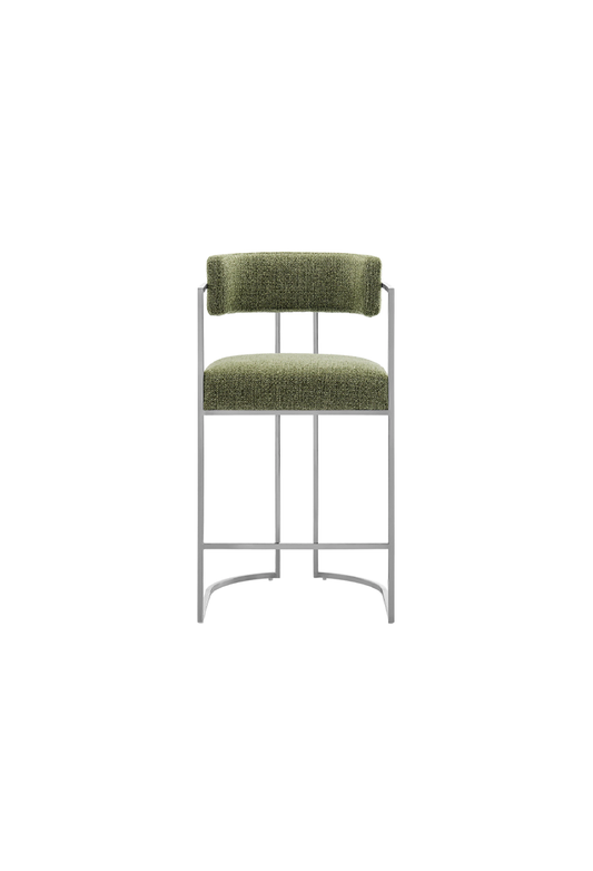 Tabouret de bar Ardenza en tissu et métal à dossier incurvé, feuille d'argent