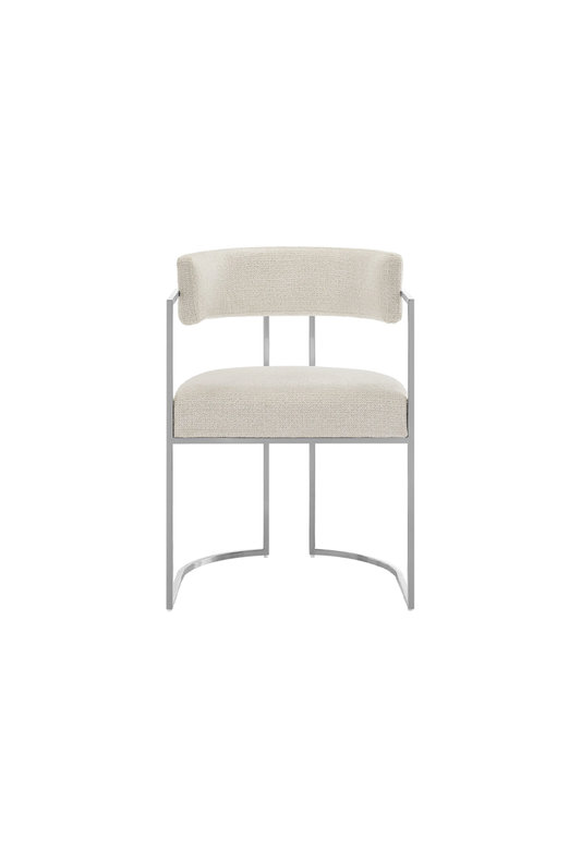 Chaise de salle à manger Ardenza à dossier incurvé en tissu et métal, couleur crème argentée
