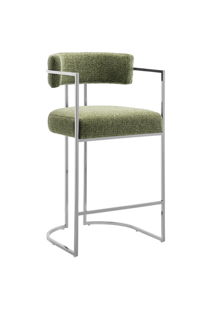 Tabouret de bar Ardenza en tissu et métal à dossier incurvé, feuille d'argent